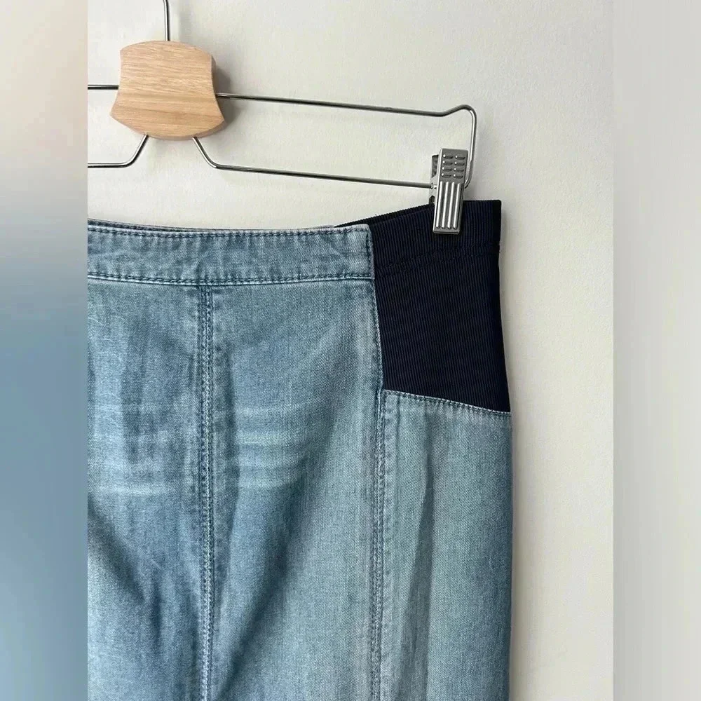 BCBGMAXAZRIA Y2K Panel Denim Maxi Skirt Stretch Waist Sculpted A-Line S/M - Picture 6 of 11
